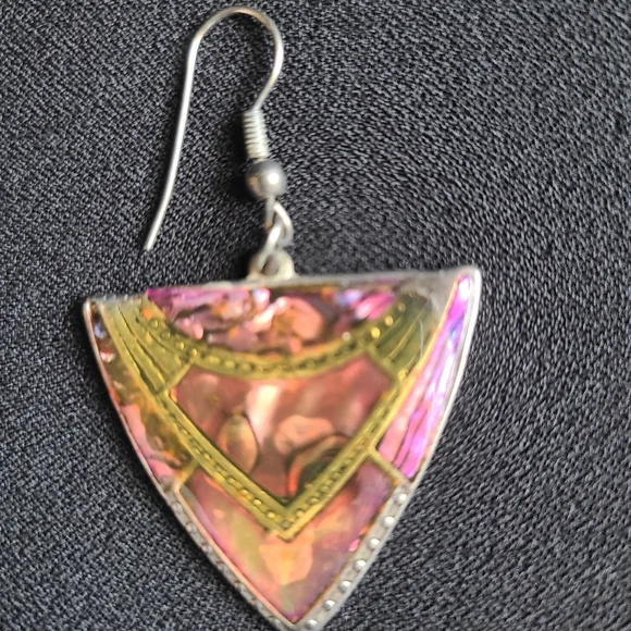 Vintage 90's earrings, dangle, coral and purple enamel, silver and gold accents - Picture 3 of 4